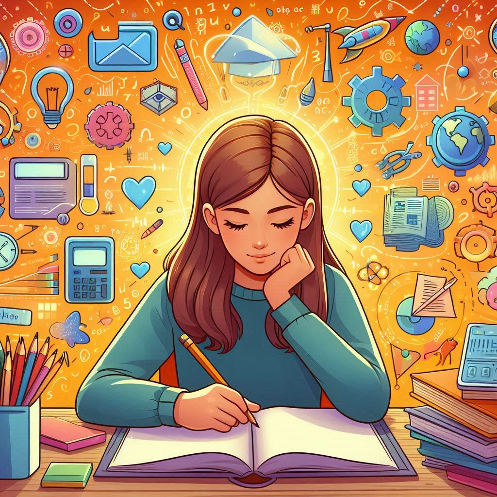 student studying with school subjects as her aura in orange